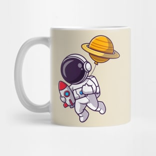Cute Astronaut Holding Rocket With Planet Balloon Cartoon Mug
